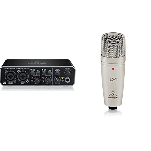 Behringer U-Phoria Umc202Hd Interface De Audio/Midi Usb + C-1 Micrófono De Condensador (De Estudio, Xlr, 100 Ω, 40 Hz 20 Khz), Color Dorado