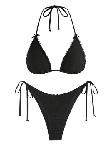 Image of ZAFUL Bikini Sets for Women Halter Bow Decor Tiny Floral Gingham Print Swimsuit Tie Side 2 Pieces Bathing Suit
