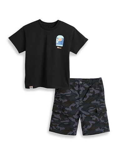 Image of Amazon Brand - Symbol Boy's Graphic Print Oversized Fit T-Shirt and Cargo Shorts (KD-TSB-SS25-10 (6-14 yrs) Black + Navy Camo 8-10 Y)