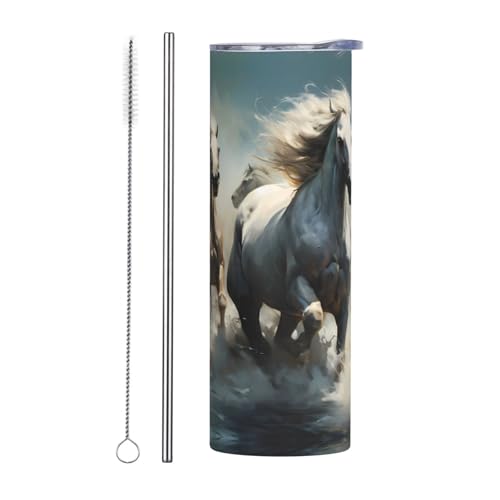 QAZWZML Taza de viaje de acero inoxidable con diseño de caballos corriendo salvajes en el río con un cuerpo recto impreso adecuado tanto para bebidas frías como calientes