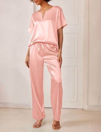 Image of Ekouaer Mens Satin Pajamas Set Button-Down Short /Long Sleeve Shirt Top Soft Silk Sleepwear Loose Pocket Pant Loungewear