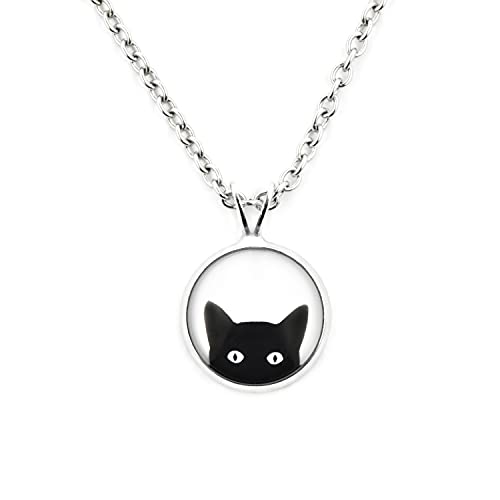 SCHMUCKZUCKER Damen Mädchen Kette mit Anhänger Motiv Freche Katze Edelstahl Schwarz Weiß Silber Kleiner Anhänger (14mm) - Kurze Kette (45cm) Cover