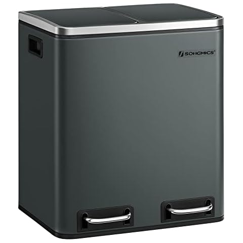 SONGMICS Mülleimer Küche, 2 x 15 Liter, Mülltrennsystem 2 Fächer, Abfalleimer Cover