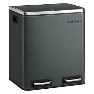 SONGMICS Mülleimer Küche, 2 x 15 Liter, Mülltrennsystem 2 Fächer, Abfalleimer, Treteimer, für gelben Sack, Biomüll, Inneneimer, Softclose-Deckel, für kleine Familie, Stahl, grüngrau LTB30GS