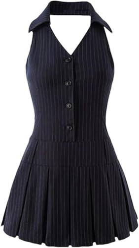 Women's Striped Pleated A-Line Dress Backless V-Neck Single Breasted Sexy Casual Summer Dresses