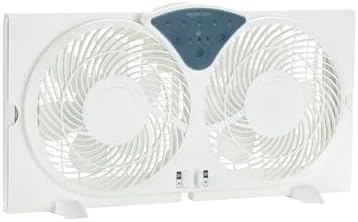 Amazon Basics Window Fan with Exhaust and Intake Fan Switch, Twin Heads 9-Inch Blades (6 Blades per Head), 3 Speeds, Expandable Side Panel, Remote Control, 78W, White
