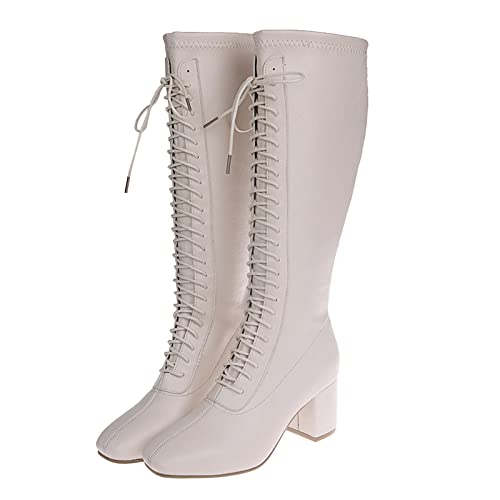 CsgrFagr Ladies Fashion British Style Solid Color Leather Lace Up Thick High Heel Boots Thigh High Wide Calf Boots for Women Size 11 (Beige, 6.5)3