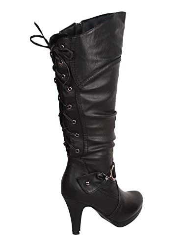 Top Moda Womens Page-65 Knee High Round Toe Lace-Up Slouched High Heel Boots,Black Pu,8 thumb #1