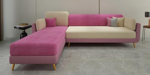 Image of Polyester Velvet Contemperory Sofa Set with Cushion Chaise Lounge, Sectional Sofa Perfect for Your Living Room,Guests Room & Office. (Pink & Beige, RHS 5 Seater)