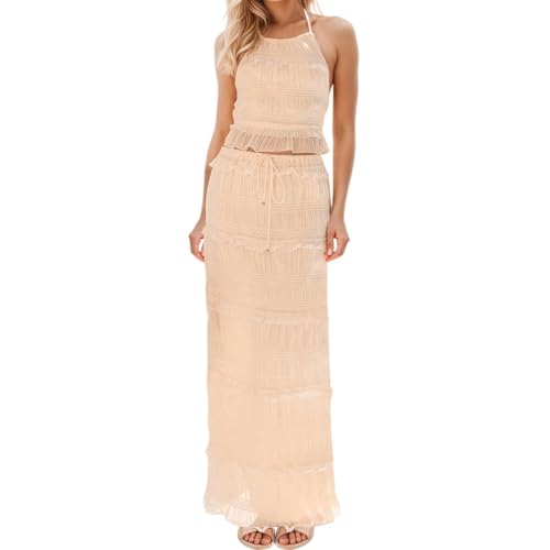 SUPTTING Conjunto de verano para mujer, de dos piezas, con cuello halter y falda maxi, falda acampanada con cordón, estilo bohemio, ligero, cómodo, elegante, informal para vacaciones, fiestas fluidas