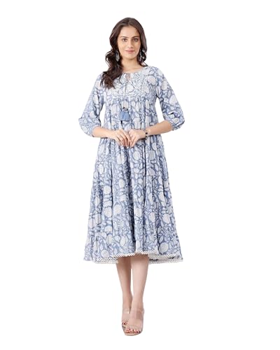 Image of SAVI Blue Cotton Printed Tiered Dress