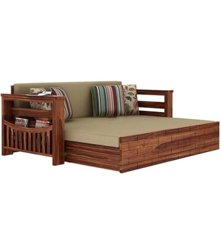 Image of MetalTree Sheesham Wood Sofa Cum Bed with Mattress - 3 Seater Wooden Sofa Bed for Living Room | Solid Wood Convertible Diwan Couch with Side Storage (Design 7)