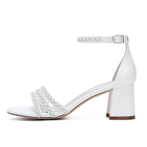 Image of White Women's Block Heel Sandal, Open Toe, Ankle Strap, Pearl Wedding Shoes for Bride, Bridesmaids, Mother of the Bride, Prom, Evening, Cocktail, Ball Gown