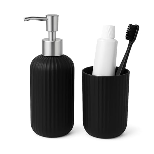 Image of LAGET Bathroom Accessories Set for Utility and Toothbrush Holder Bathroom Decor | Handwash Liquid Soap Dispenser Pump for Bathroom, Kitchen, Wash Basin, Sink Ribbed Design (Black)
