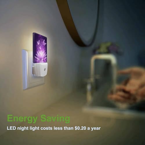 Image of LED Night Light,Purple Lotus Flower Butterfly LED Night Light Plug into Wall with Dusk to Dawn Light Sensor White Energy Efficient Nightlight for Bedroom Bathroom Hallway Living Room Kitchen
