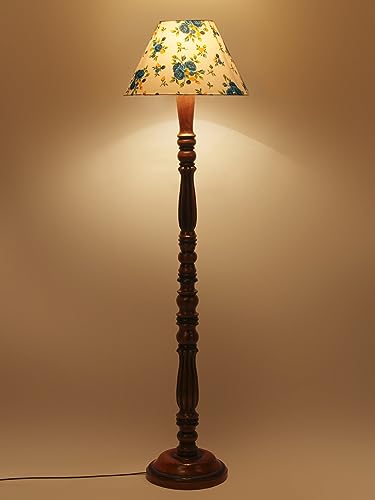 Image of Floor Lamp with Wooden Base - Height 55 inch, Blue Floral | Modern Standing Lamp for Living Room, Bedroom & Office | Stylish & Elegant Home Lighting Decor | Decorative Lamp