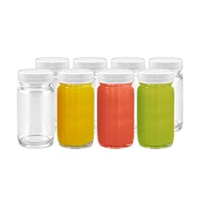 Juice Shot Bottles Set – Wide Mouth for Juicing, Beverage Storage, Liquids, 2 oz, Clear Glass with White Caps, Reusable, Leak Proof, Jars (8 pack)