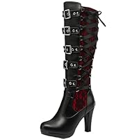 SUABON Women's Lace Up Thigh High Block Heel Boots With Zip Gothic Boots Kneeth
