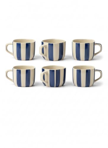 Image of DATA Ceramic Zen Stripes Hand Painted Coffee Mugs in Blue Lines, Set of 6, 199 Ml