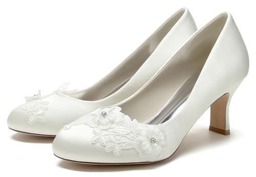 Hanfike Womens Closed Toe Wedding Shoes Slip-on Formal Party Pumps with Flowers JY1922