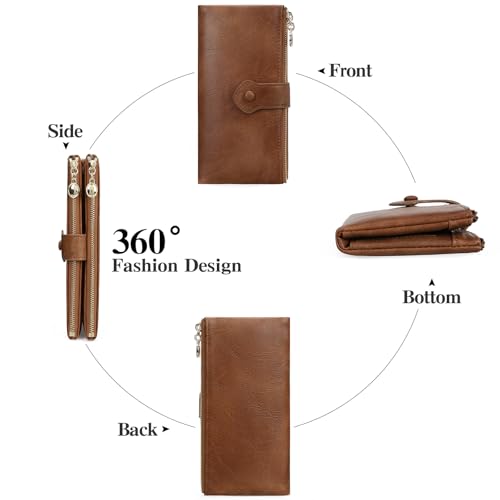 Image of GOIACII Wallet for Women Ladies Wallets Double Zippers Clutch Purse Brown | Bifold Ladies Card Holder,Zipper Pockets,Ladies Wallets,Vintage Wallets for Women