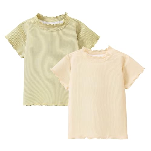 Image of Girls Summer Lettuce Trim Ribbed Knit Short Sleeve T-Shirts Solid Color Casual Blouse Tops