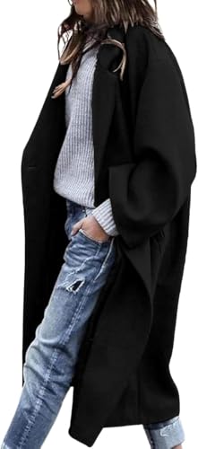 LNKQA Women's Winter Pea Coat Notch Lapel Single Breasted Oversized Long Casual Wool Blend Overcoat (Black,Small)