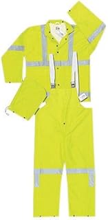 River City Garments Large Fluorescent Lime Luminator .38 mm Polyester And PVC Flame Resistant 3 Piece Rain Suit With Silver Reflective Stripes (Includes Jacket With Front Snap Closure, Detached Hood And Snap Fly Bib Pants)
