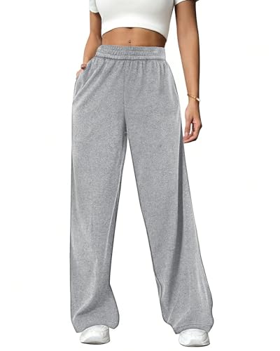 Bsubseach Wide Leg Pants Woman - Terry Cloth Casual Palazzo Pant High Waisted Baggy Lounge Trousers with Pockets Grey L