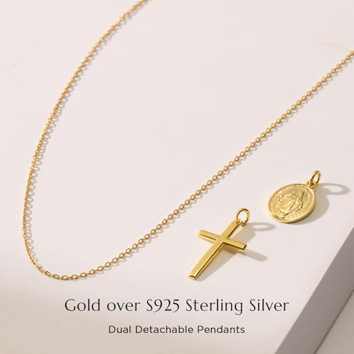 NORBU 925 Sterling Silver Cross Necklace for Women with Miraculous Medal, 18K Gold Plated Virgin Mary Necklace, Double Pendant Mother Mary Necklaces Christian Jewelry Religious Gift for Her2