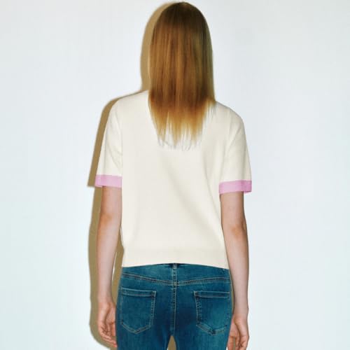 Women's Short Sleeve Sweater Summer Crew Neck Cropped Color Block Tops Casual Knit Shirts with Pockets4