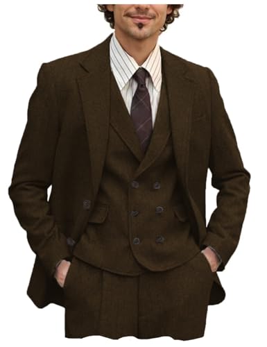 3 Pieces Men's Suit Slim Fit Single Breasted Tweed Herringbone Tuxedo Jacket Vest Pants Set Wedding Party