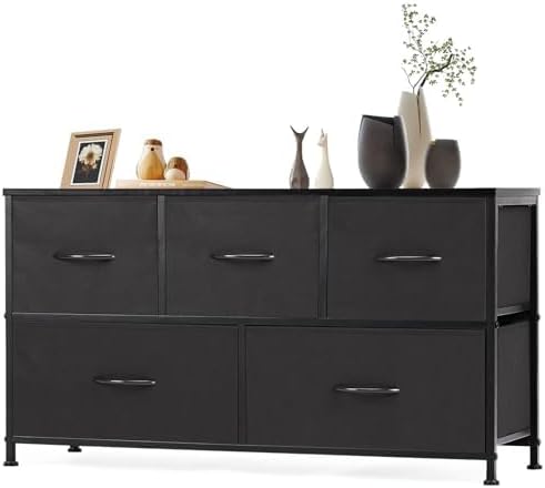 DUMOS Dresser for Bedroom, Storage Drawers, Fabric Storage Tower with 5 Drawers, Chest of Drawers with Fabric Bins, Sturdy Metal Frame, Wood Tabletop for Kids Room, Closet, Entryway, Nursery 5 Fabric Drawers Black
