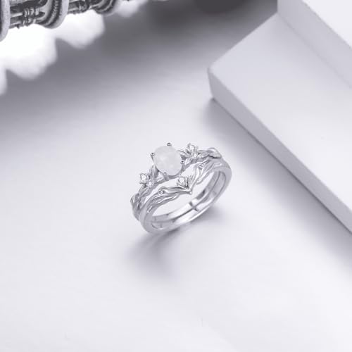YDD Opal Engagement Rings for Women 1ct Oval Cut Genuine Opal Ring Set 925 Sterling Silver Unique Vine Leaf Art Deco 2pcs Vintage Inspired Anniversary Promise Ring3