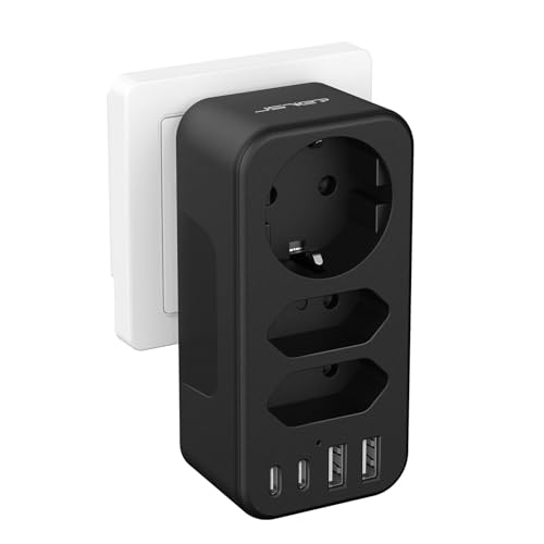 Ladron Enchufes con USB C, JSVER 7 en 1 Ladrón Enchufes Multiples USB, Regletas Enchufes con 2 USB-C y 2 A, Regleta Pared para Oficina, Cocina, Compatible con Móviles-Negro