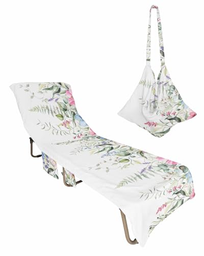 Spring Floral Beach Lounge Chair Towel Cover, Soft Chaise Lounge Towel with Side Pockets Patio Pool Chairs Cover for Beach/Pool Sunbathing 29x85 Summer Eucalyptus Leaves Botanical