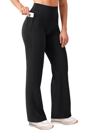 Image of YEOREO Ease Workout Leggings with Pockets for Women No Front Seam Straight Leggings High Waist Wide Leg Yoga Pants 29 inch / 31.5 inch