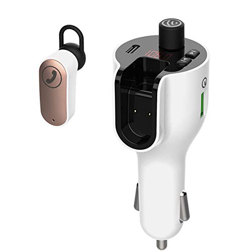Bluetooth FM Transmitter for Car, Bluetooth 5.0 Car Bluetooth Headset Two in One Design with Earphone Type-C PD Fast Charger Handsfree Call