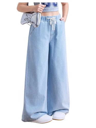 WDIRARA Girl's Elastic Waist Baggy Jeans Casual Wide Leg Denim Pants with Pockets