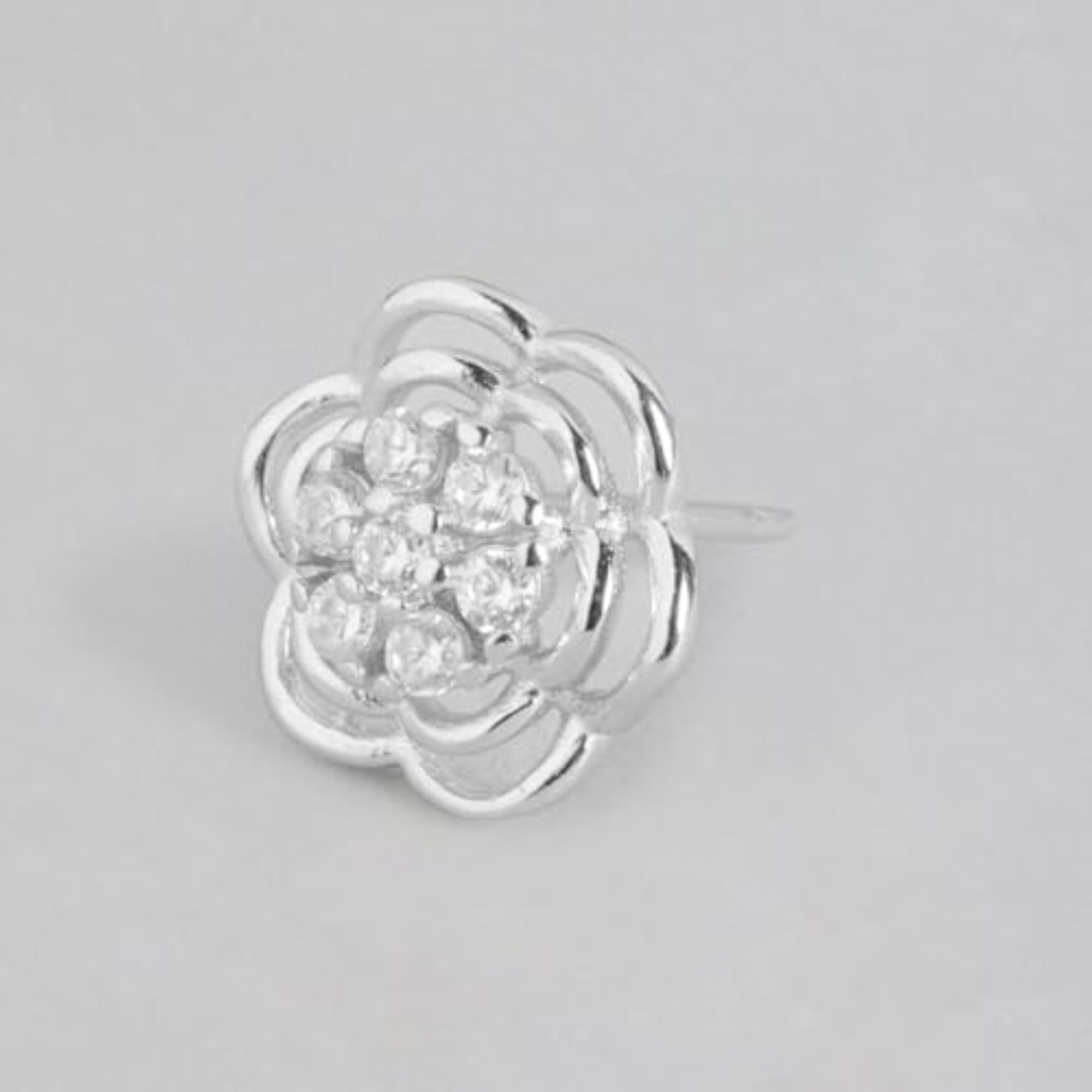 925 Silver CZ Floral Stud Earrings with Rhodium Plating
