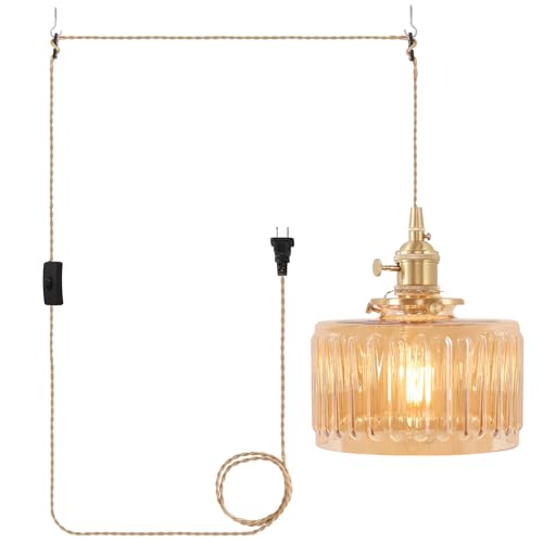 Image of Shenmoyl Plug in Pendant Light Hanging Light Fixtures with Plugin Cord On /Off Switch,Amber Striped Glass Lampshade Brass Pendant Light