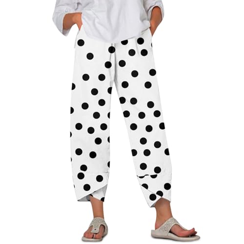 Linen Capri Pants for Women Wide Leg Floral Work Pants Casual Summer Lightweight Baggy Cropped Trousers with Pockets