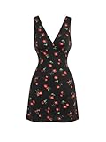 Floerns Women's Casual Cherry Print Sleeveless V Neck Tie Waisted Dress Black Cherry Small