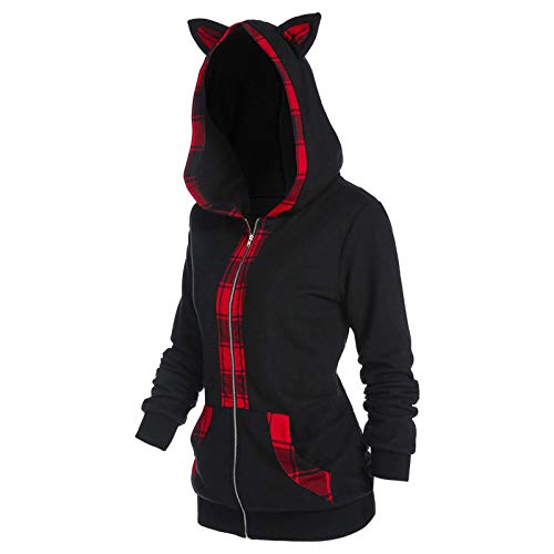 Cat Ears Plaid Hoodie Long Sleeve Sweatshirt with Pockets for Womens Teen Girls Casual Hooded Pullover Tops Zip Cardigan Red