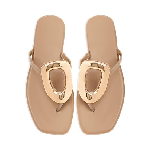 Image of Wnshonzy Flip-Flops for Women Thong Sandals Flat Slip on Slides Beach Comfort Open Square Toe Ladies Slipper Dressy Metal Hardware Decoration Summer Shoes Casual Fashion