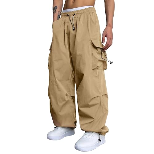 Men's Baggy Cargo Pants Loose-Fit Drawstring Elastic Waist Soild Color Casual Sweatpants with Pockets2