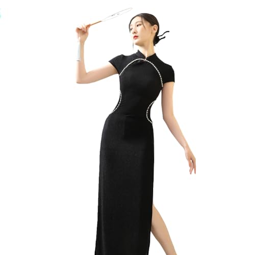ROYAL SMEELA Cheongsam de Manga Corta Mujer Vestido Qipao Cuello mandarín Chinos Vestidos Cheongsam Qipao Tradicional Chino para Mujer Disfraz Qipao China Cheongsam Sexy Ropa Qipao Negro Largo