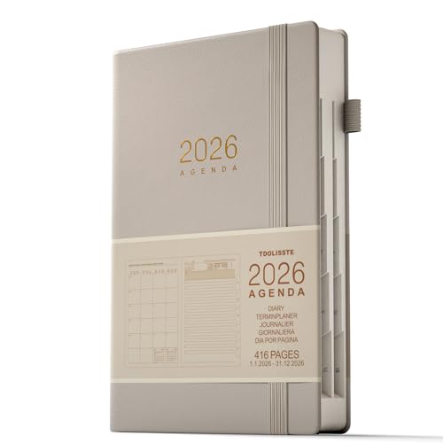 TDOLISSTE - Calendario 2026 Planificador, A5 Agenda Libro Calendario 365 Páginas Plan Diario y 24 Páginas Plan Mensual, Multilingüe, Porta Lápices y Bolsillo Interior, Edición Encuadernada (Gris)