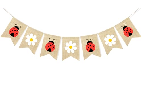 Image of Daisy Ladybug Banner Burlap Garland Ladybug Party Decorations | Ladybug Baby Shower Birthday Party Decorations, Insect Theme Garden Party Supplies, Home Wall Classroom Hanging Decor