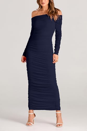 PRETTYGARDEN Women's Fall Off The Shoulder Maxi Dress Spring Long Sleeve Ruched Fitted Bodycon Club Dresses with Slit